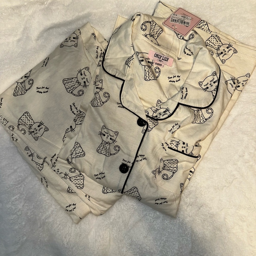 Cat pajama set with button up top and straight leg pants